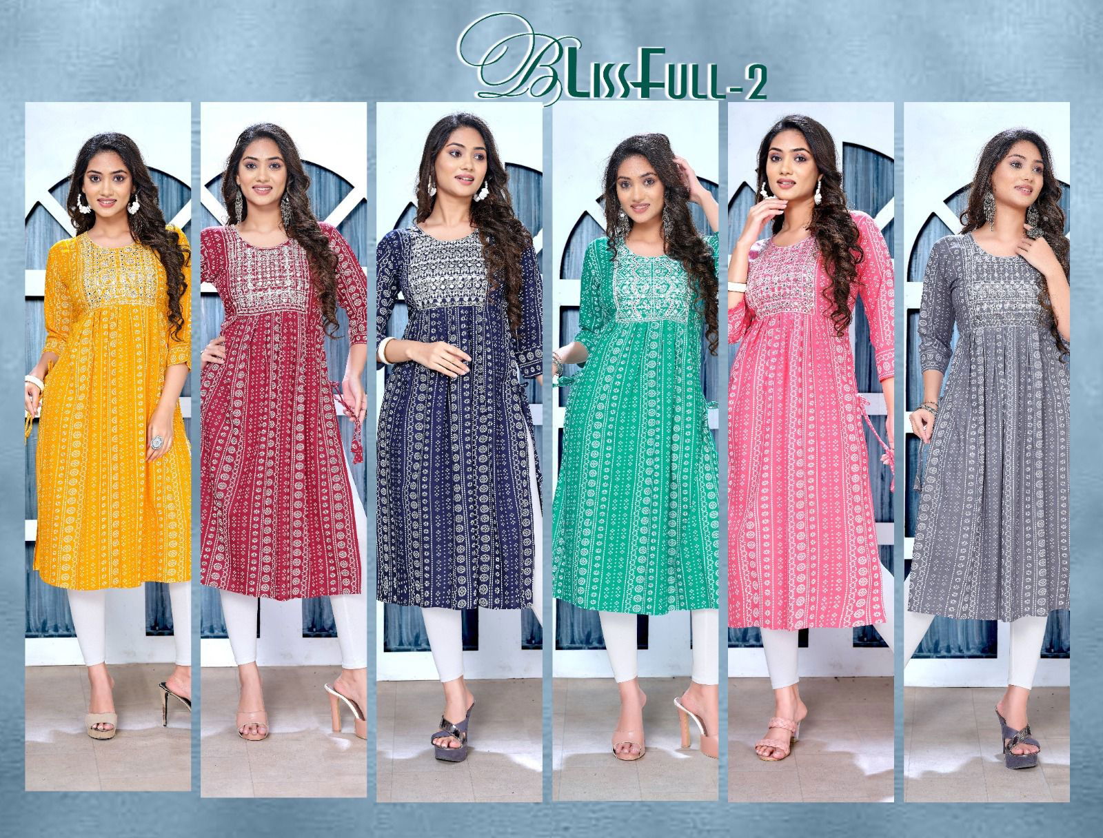 Golden Blissfull 2 Rayon Printed Flared Naira Cut  Kurti Catalog
